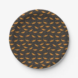 Orange black Halloween bat pattern Paper Plate