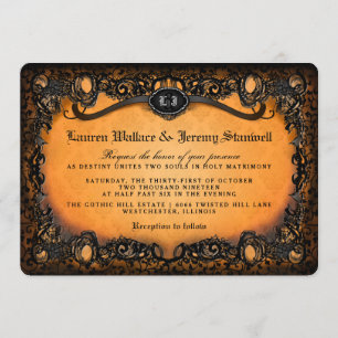 Orange Black Halloween Wedding with RECEPTION INFO Invitation