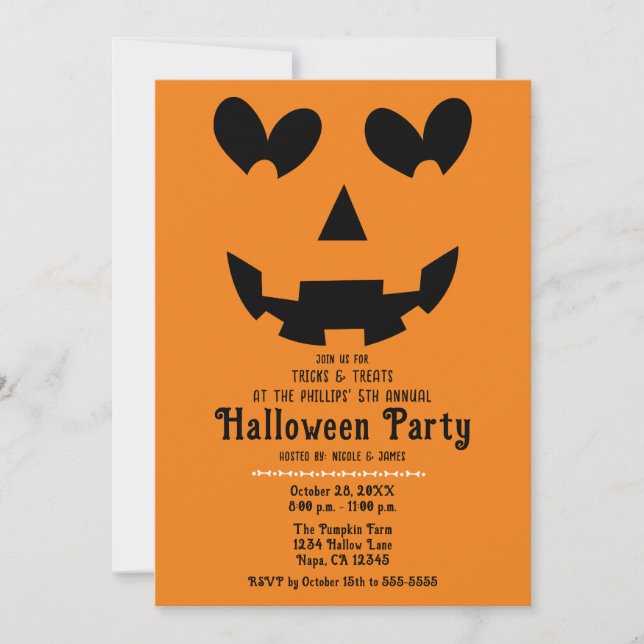 Orange & Black Happy Heart Pumpkin Halloween  Invitation (Front)
