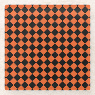 Orange Black Harlequin Diamond Chequered Pattern Glass Coaster