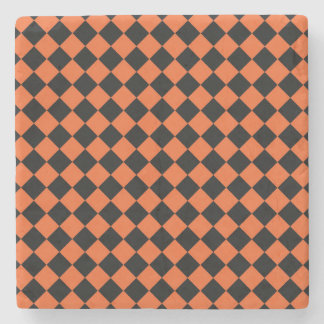Orange Black Harlequin Diamond Chequered Pattern Stone Coaster