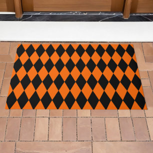 Orange Black Harlequin Diamonds Checkers Design Doormat