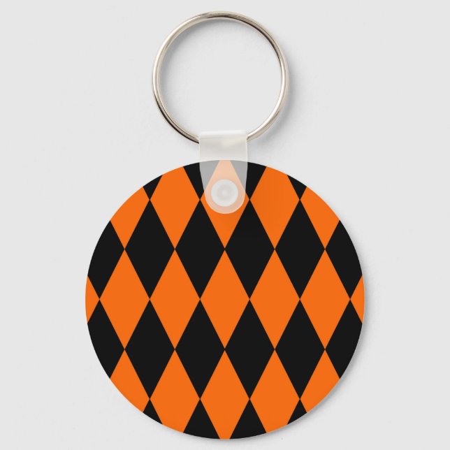Orange Black Harlequin Diamonds Checkers Design  Key Ring (Front)