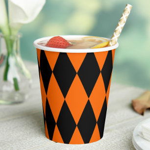 Orange Black Harlequin Diamonds Checkers Design Paper Cups