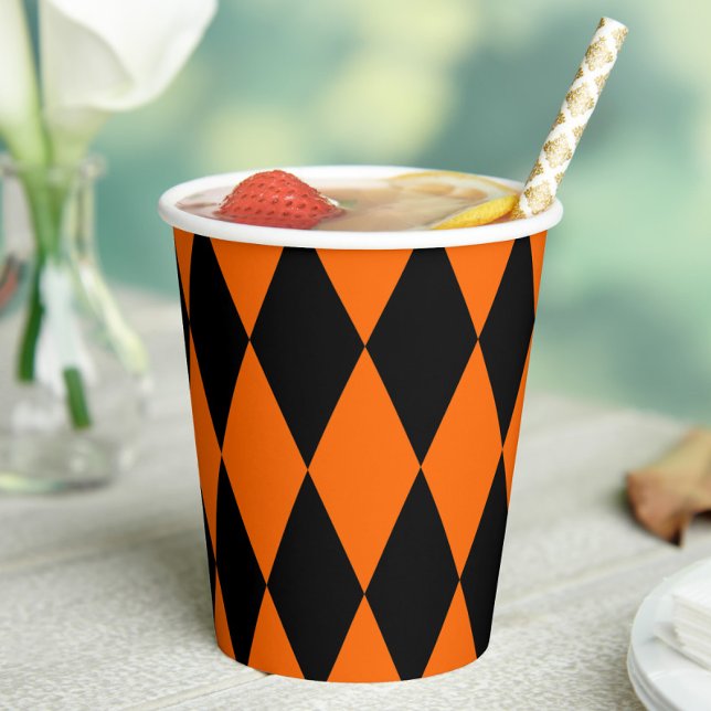 Orange Black Harlequin Diamonds Checkers Design  Paper Cups (Creator Uploaded)