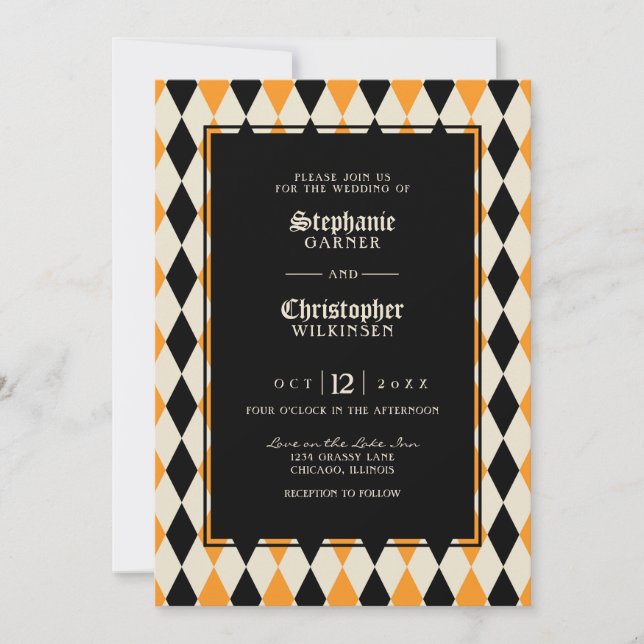 Orange Black Harlequin Halloween Wedding Invitation (Front)