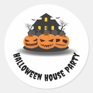 Orange Black Haunted House with Pumpkins Halloween Classic Round Sticker