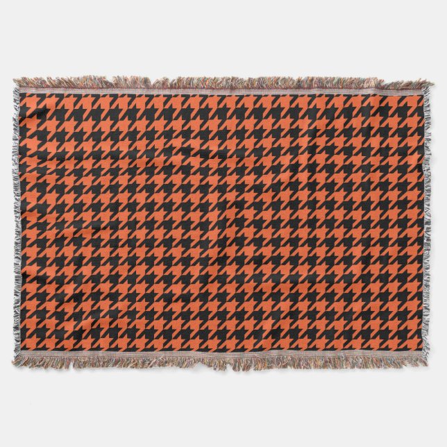 Orange Black Houndstooth Check Throw Blanket (Front)