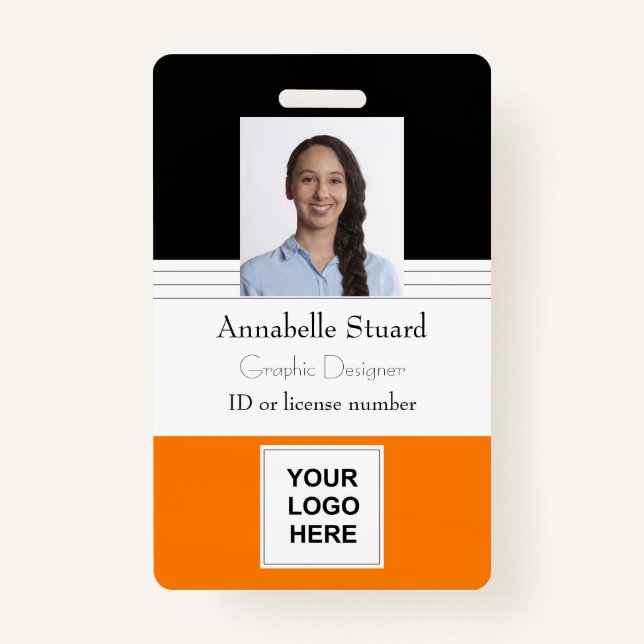Orange Black Lined Name photo employee corporate ID Badge (Front)