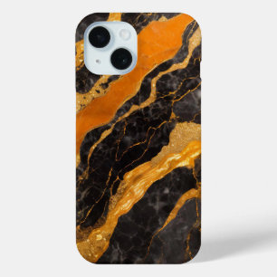 Orange Black Marble Pattern with Gold iPhone 15 Case