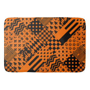 Orange Black Mixed Patterns Patchwork Design Bath Mat