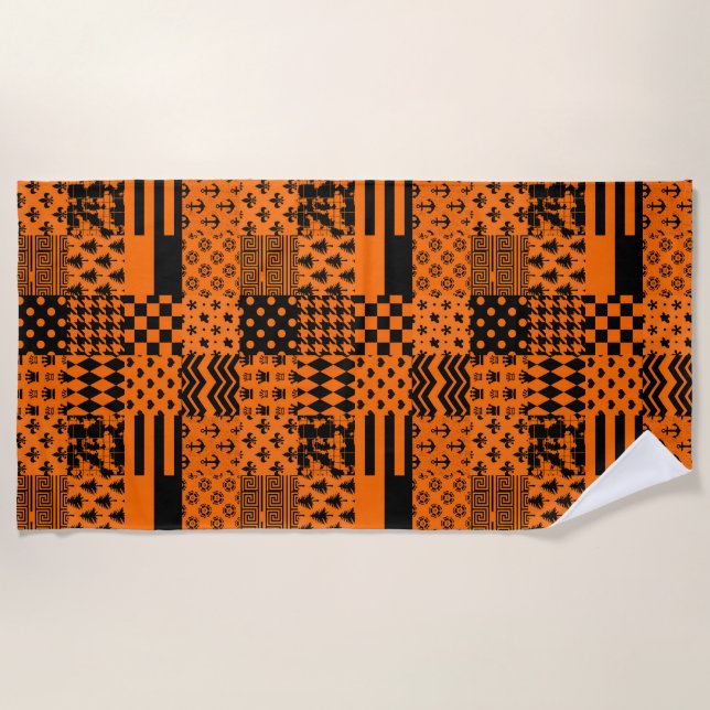 Orange Black Mixed Patterns Patchwork Design  Beach Towel (Front)