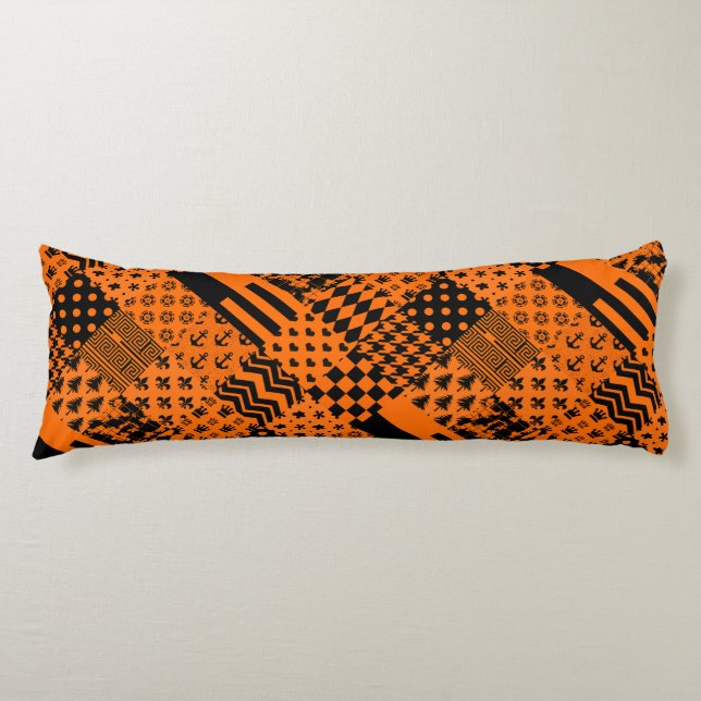 Orange Black Mixed Patterns Patchwork Design  Body Cushion (Front)