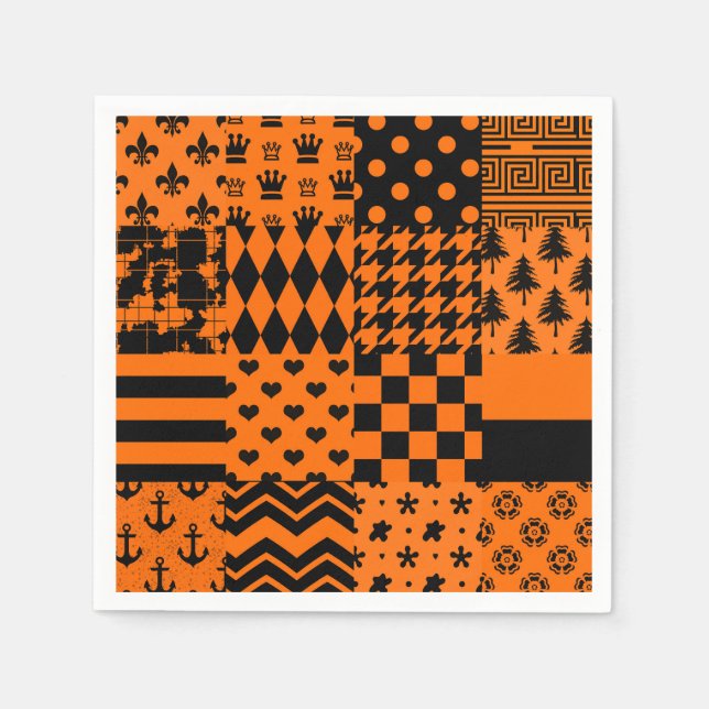 Orange Black Mixed Patterns Patchwork Design  Napkin (Front)
