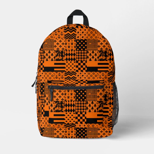 Orange Black Mixed Patterns Patchwork Design  Printed Backpack (Front)