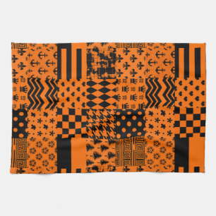 Orange Black Mixed Patterns Patchwork Design Tea Towel