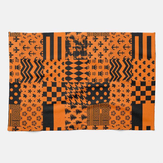 Orange Black Mixed Patterns Patchwork Design  Tea Towel (Horizontal)