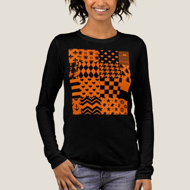 Orange Black Mixed Patterns Patchwork Design  Tri-Blend Shirt (Front)