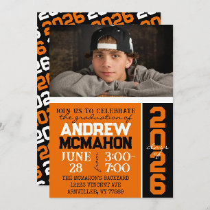 Orange & Black Modern Graduation Photo Invitation