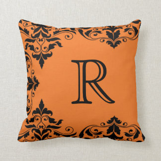 Orange & Black Monogram Damask Pillow