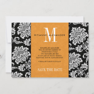 Orange Black Monogram Damask Wedding Save The Date Invitation