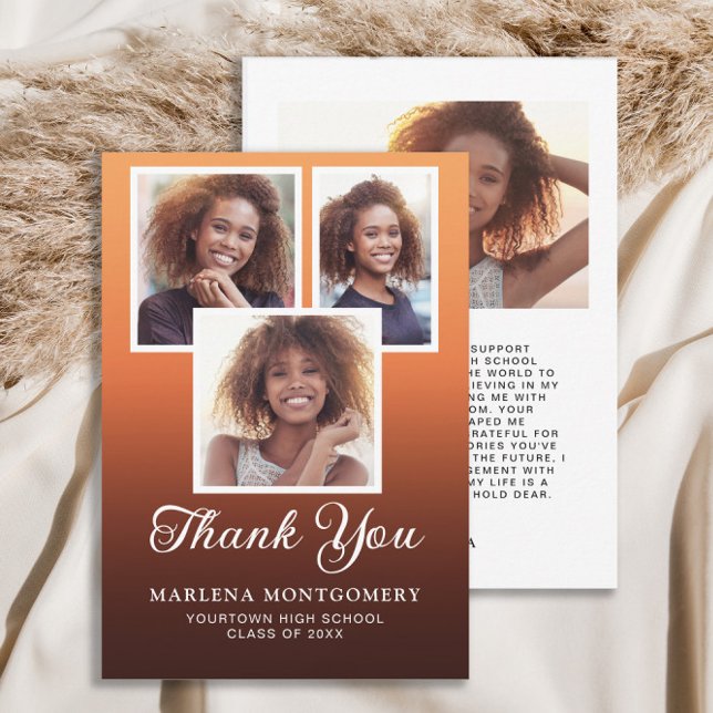Orange Black Ombre Graduation 4 Photo Thank You  (Graduation 4 photo Thank You card.)