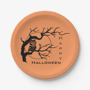 Orange & Black Owl Happy Halloween Paper Plates