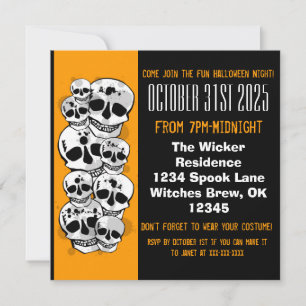 Orange black paint splat skulls Halloween invites