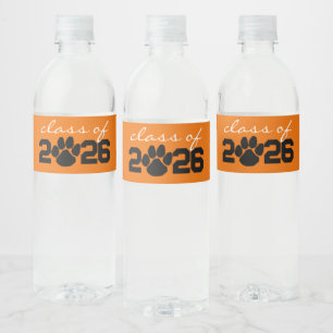 Orange & Black Paw Print Graduation Water Bottle Label
