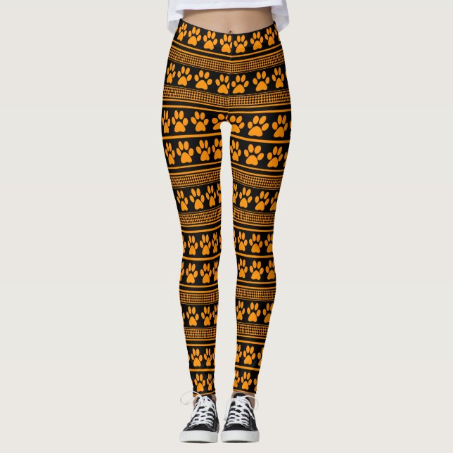 Orange black paw print pattern leggings (Front)