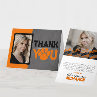 Orange & Black Pawprint Graduation Folding 2 Photo Thank You Card