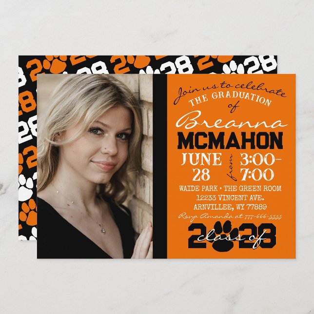 Orange & Black Pawprint Graduation Photo Invitation (Orange and Black Graduation)