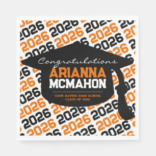 Orange & Black Personalised Graduation Cap Paper Napkin