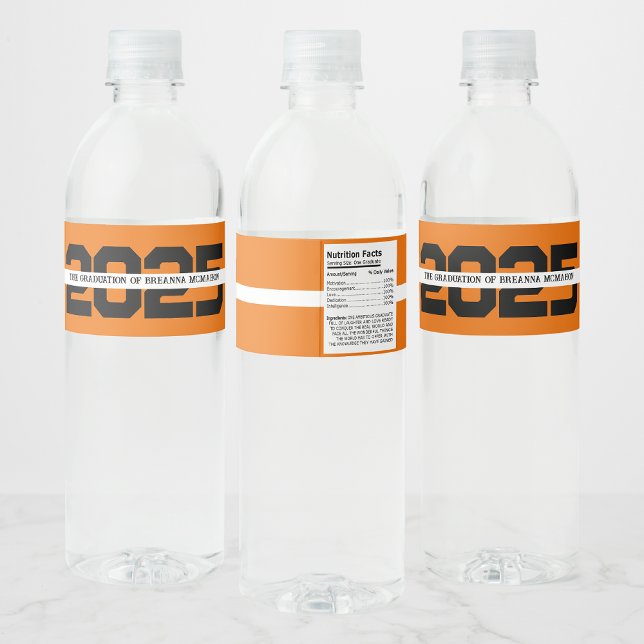 Orange & Black Personalised Graduation Water Bottle Label (Creator Uploaded)
