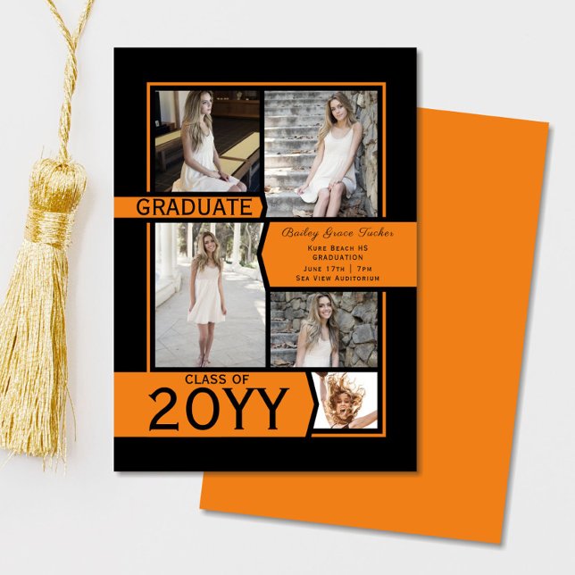 Orange & Black Photo Collage Class of Graduation Announcement (Creator Uploaded)