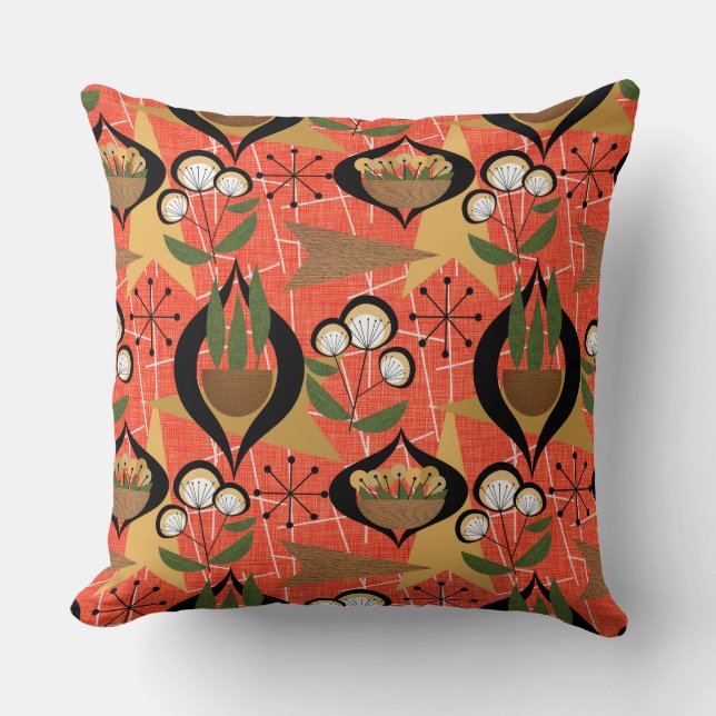 Orange, Black, Plants | Atomic | Mid-Century Cushion (Front)