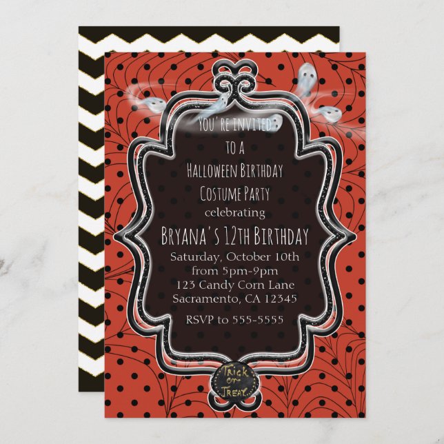Orange & Black Polka Dots Whimsical Halloween Invitation (Front/Back)