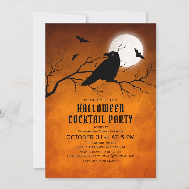 Orange Black Raven Bats Full Moon Halloween Invitation (Front)