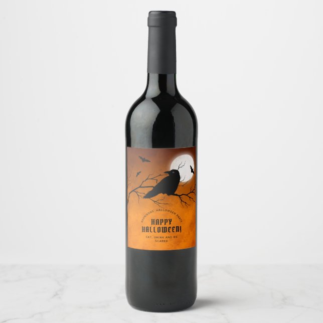 Orange Black Raven Bats Full Moon Halloween Party Wine Label (Front)