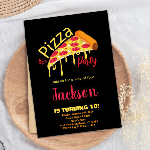 Orange Black Red Pizza Birthday Invitations