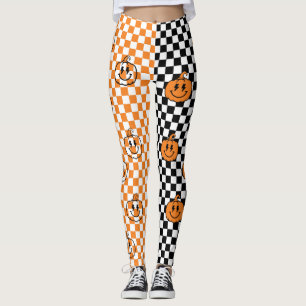 Orange Black Retro Rad Pumpkin Chequered Halloween Leggings