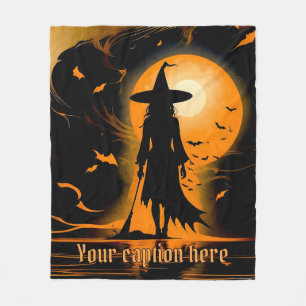 Orange, black, silhouette witch, custom caption fleece blanket