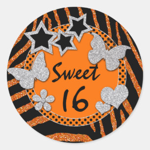 Orange Black Silver FAUX Glitter Sweet 16 Sticker