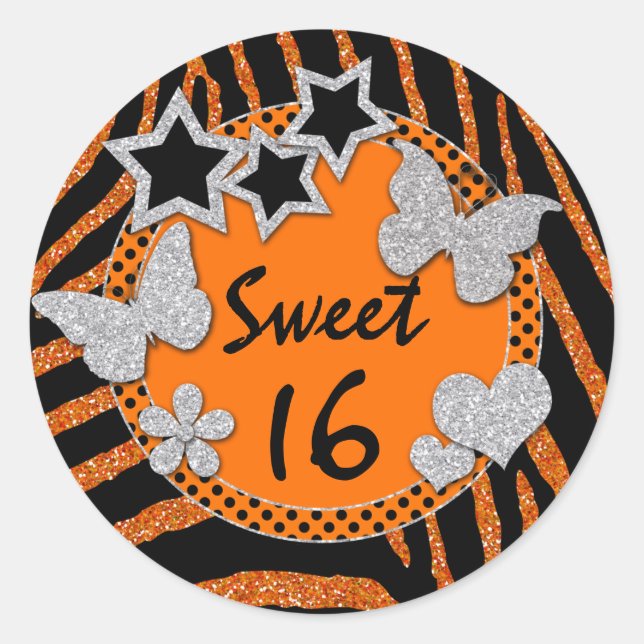 Orange Black Silver FAUX Glitter Sweet 16 Sticker (Front)