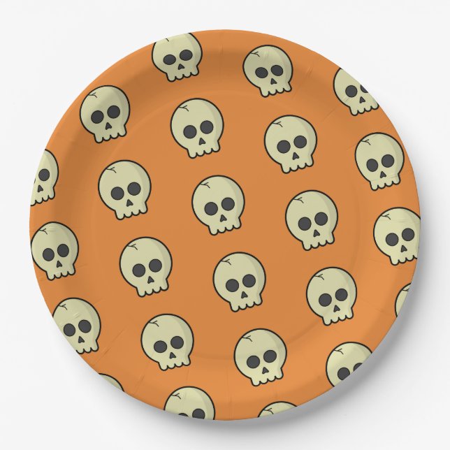 Orange Black Skull Pattern Halloween Party Paper Plate (Front)