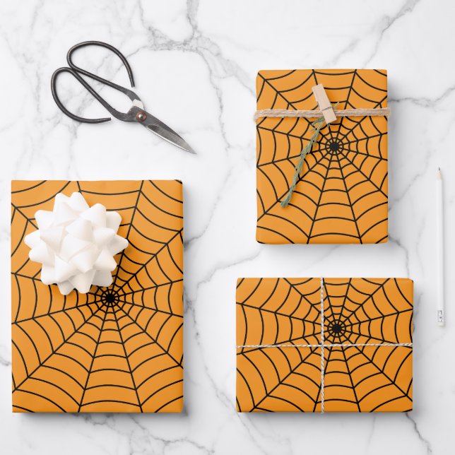 Orange Black spider web Halloween pattern Wrapping Paper Sheet (Front)