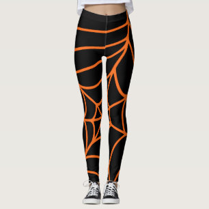 Orange Black Spider Web Print Spooky Halloween Leggings
