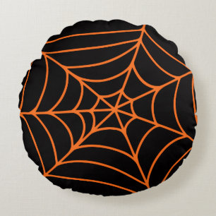 Orange Black Spider Web Print Spooky Halloween Round Cushion