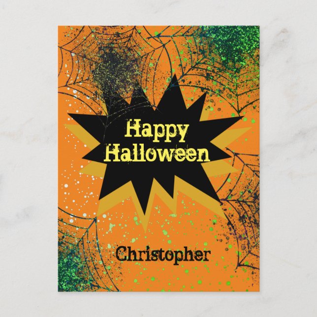 Orange Black Spiderweb Happy Halloween Postcard (Front)