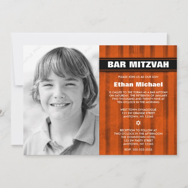Orange Black Stripes Photo Bar Mitzvah Invitations (Front)
